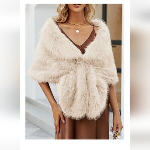 FJJs House Cream Faux Fur Poncho